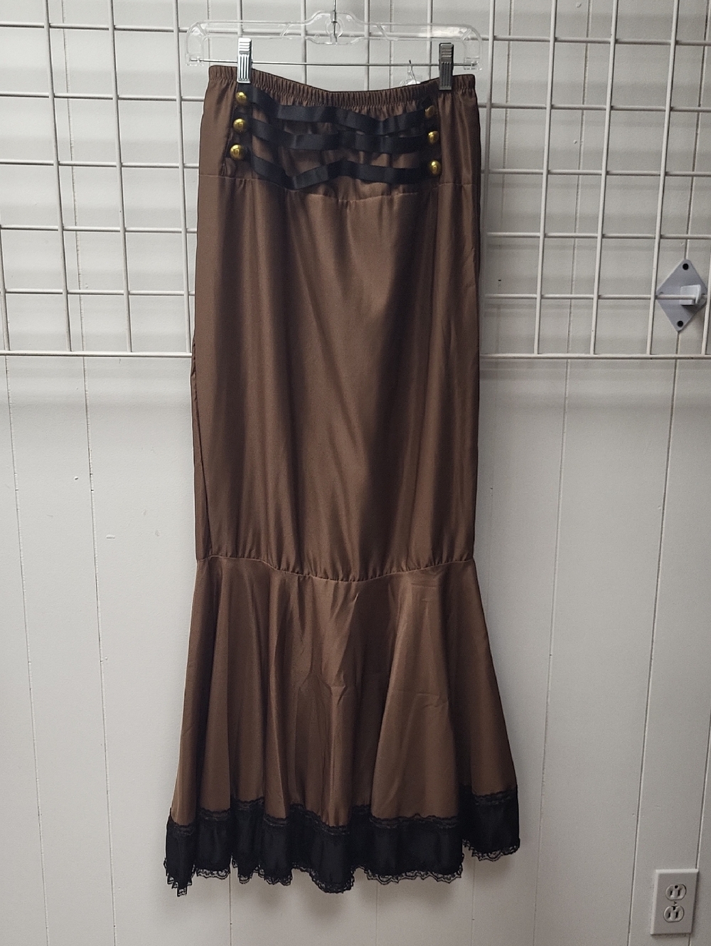 BURVogue STEAMPUNK Brown Maxi Skirt with Black Lace Trim and Gold Buttons, XL